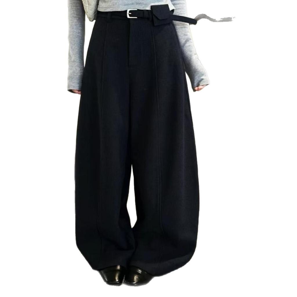 Endorsed by Xiao Yang (158cm) - Women's Woolen High Waist Cropped Wide-Leg Pants, Plush Thickened, 2025 Winter Collection.