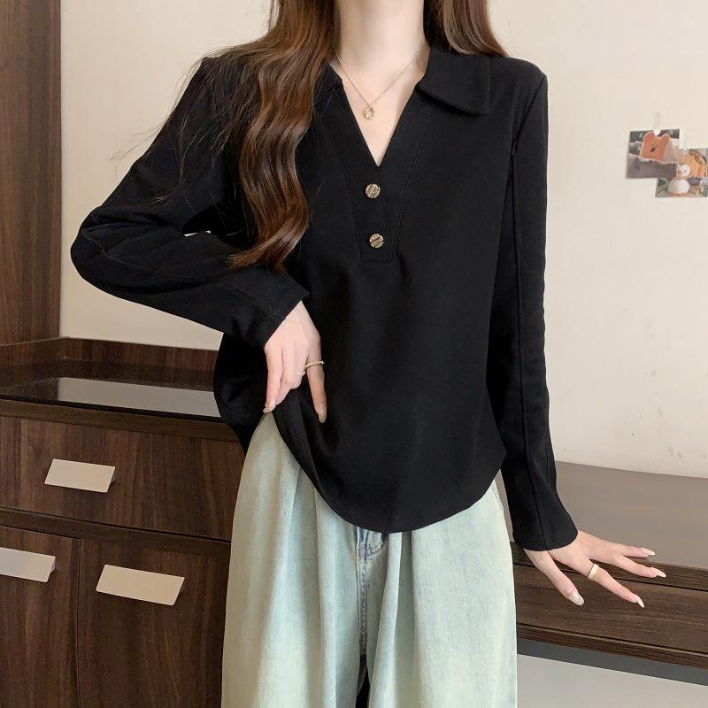 

Plus Size Women s Polo Neck Long Sleeve T-shirt with Slimming Tummy Cover and Irregular Hem - Spring Collection XXL чёрный