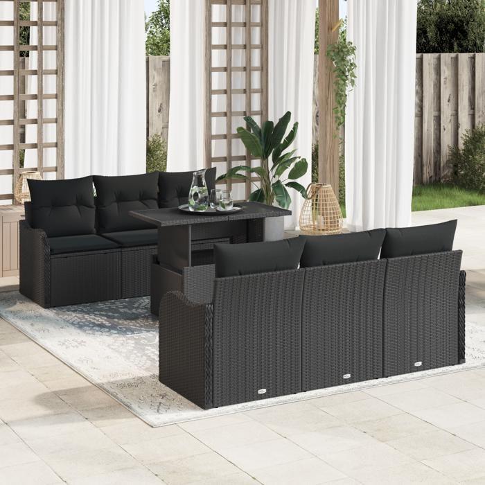 Ensemble de canapé de jardin 7 pièces avec coussins en rotin poly noir, Canapé de jardin 2 places avec coussins en rotin 3348389