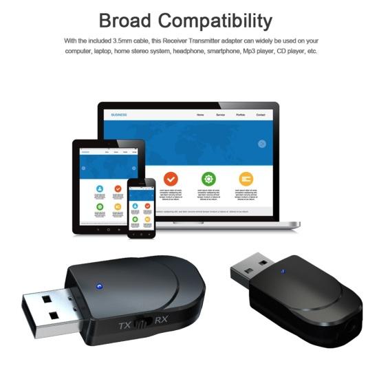 Bluetooth 5 Stereo Receiver USB 3.5mm Audio Transmitter AUX Adapter for TV PC