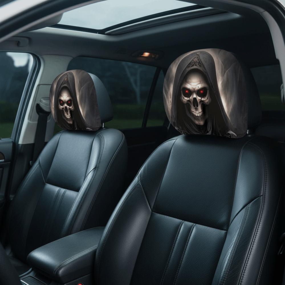 1pair Universal Fit Skull Headrest Cover Vivid Flat Print Gothic Seat Protector Daily Commute