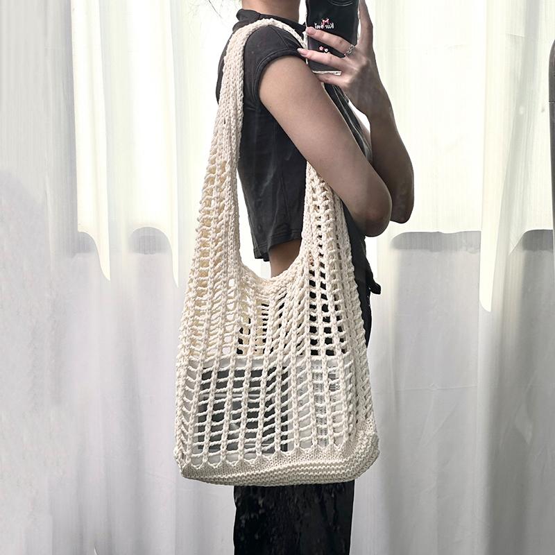 Solid Color Knitting Shoulder Bag Hollow Out Versatile Bohemian Crochet Tote Bag Large Capacity Casual Woven Handbag Women