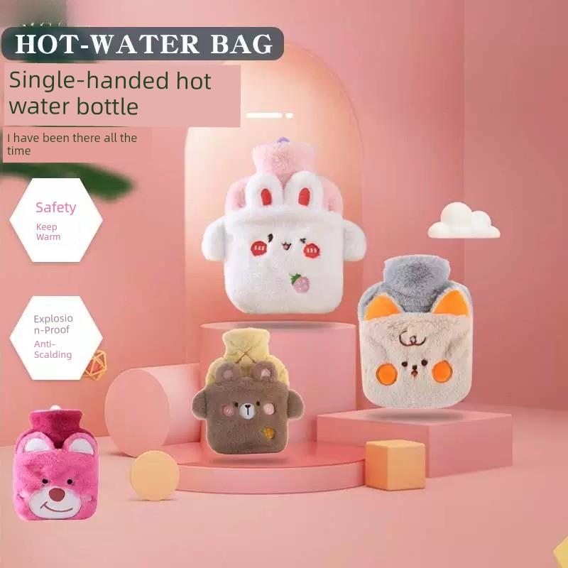Trendy New Style Water-Filled Hot Water Bottle with Rabbit Fur, Single-Hand Insert Hand Warmer, Cute Cartoon Water-Filled Hot Water Bag for Students