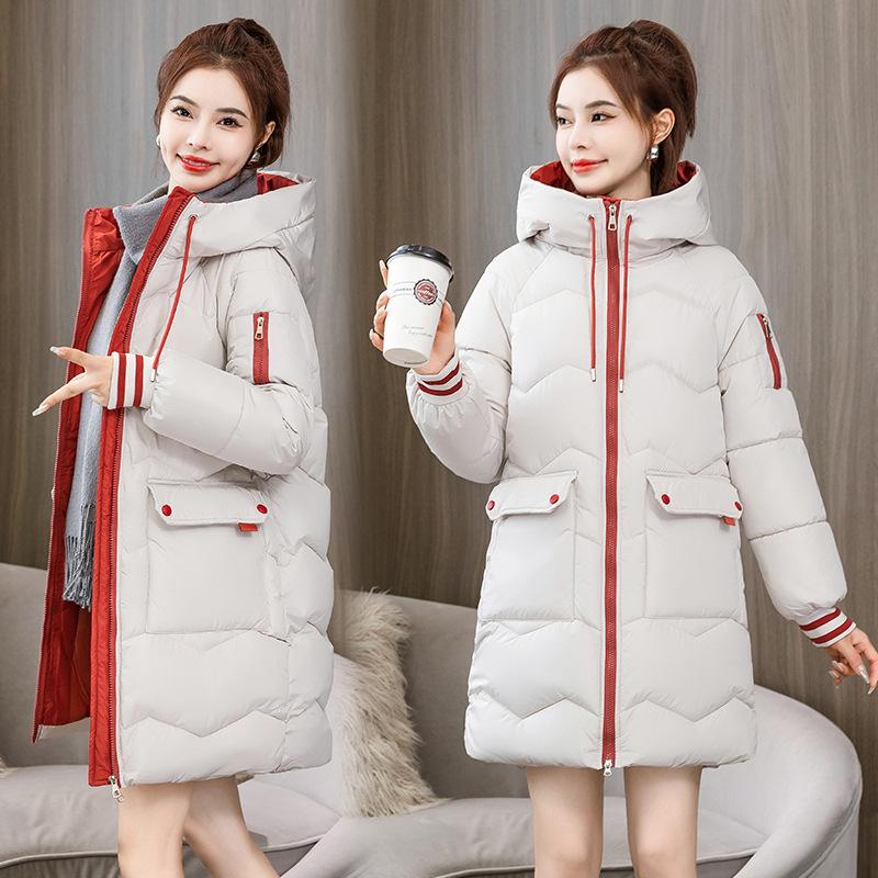 Hooded long women's padded jacket winter loose padded jacket large size thickened down cotton large pocket