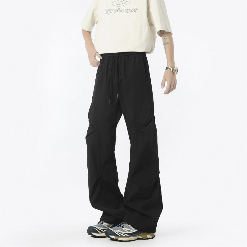 Men Elastic Drawstring Waist Side Pleated Cargo Wide Leg Loose Casual Trousers S