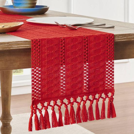 Boho Knitted Table Runner Handmade Rustic Table Runner with Tassels Cotton Linen Farmhouse Table