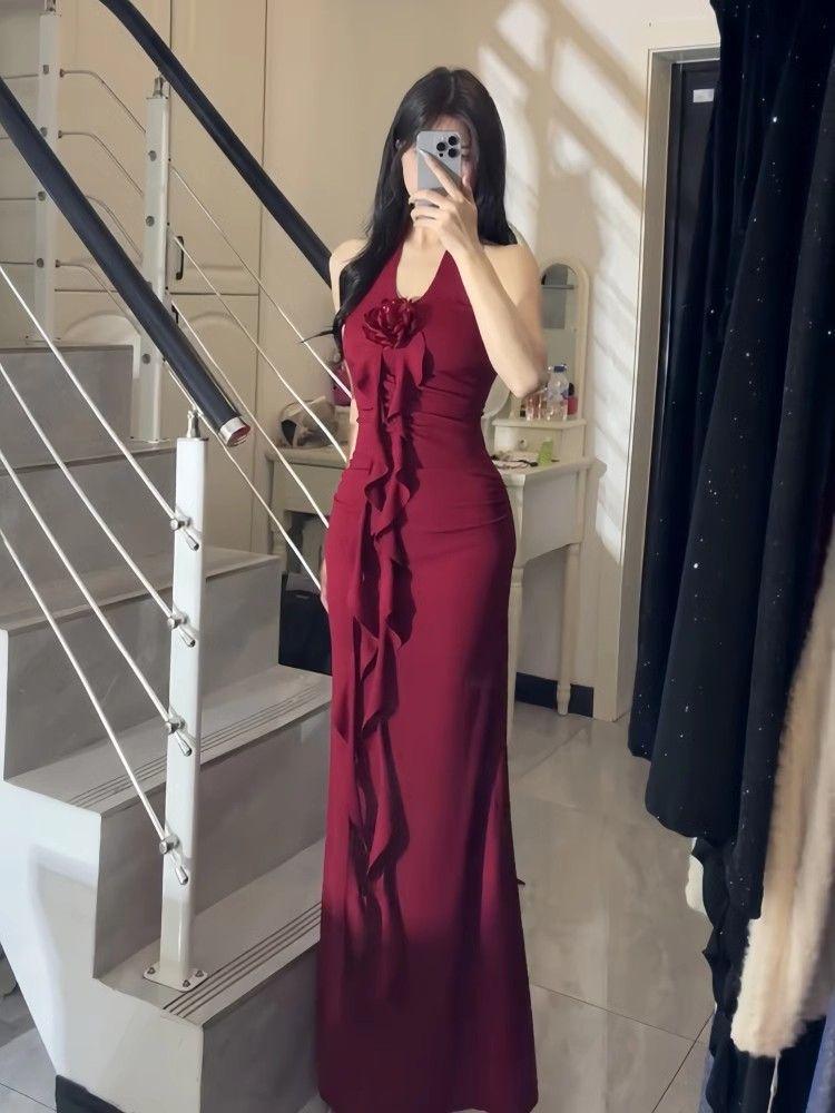French black suspender versatile dress, new temperament sleeveless long dress in summer, waist and thin