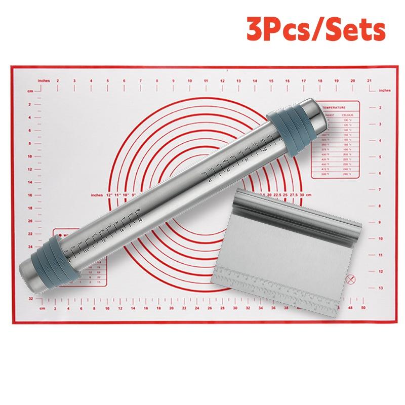 

3Piece Set 430 Stainless Steel Rolling Pin With Scale,Roller Baking Tool Set,Slicing Knife,Kneading Silicone Flour Pad Set
