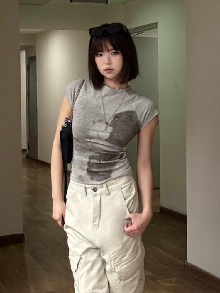 Bedruckte Cartoon-T-Shirts Kurzarm für Damen Lässige T-Shirts Mädchen Y2K T-Shirts Rundhalsausschnitt