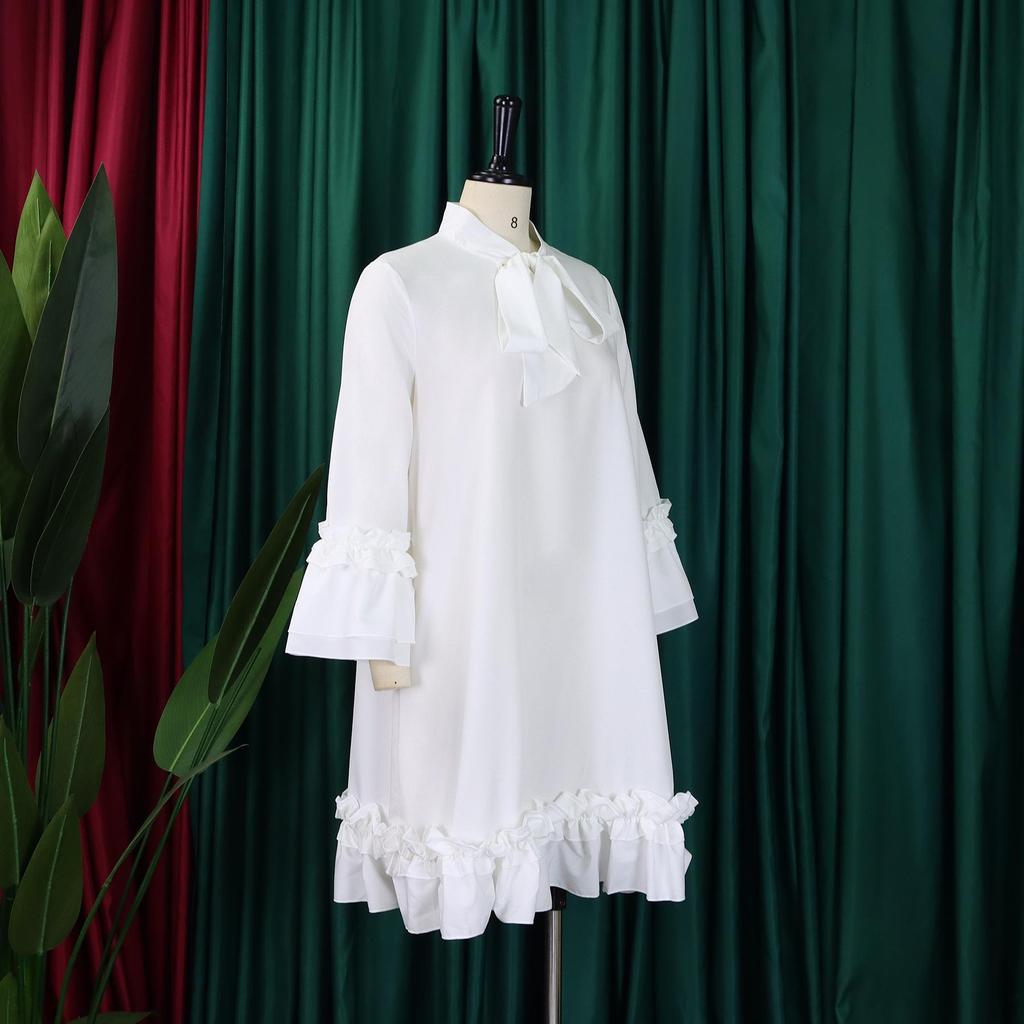 D3248 European & American Plus Size Women's Loose Casual Dress with Ruffle Sleeves and Tie