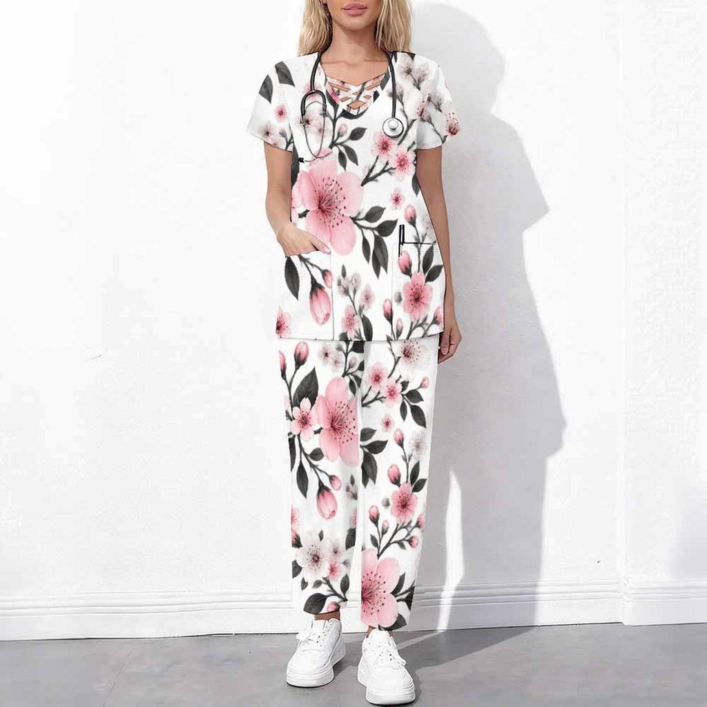 Women Plus Size Floral Printed Scrub Set Cutout Neck Short Sleeve Pocket Top Long Pants Two Piece