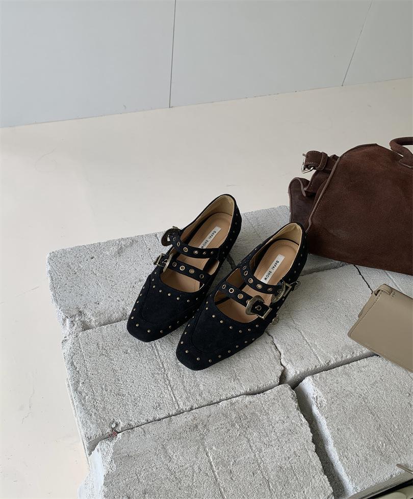 Punk Style Niche Double Buckle Belt Inner Height Increase Square Head Suede Mary Jane Shoes Women's Rivets Shallow Mouth Single Shoes