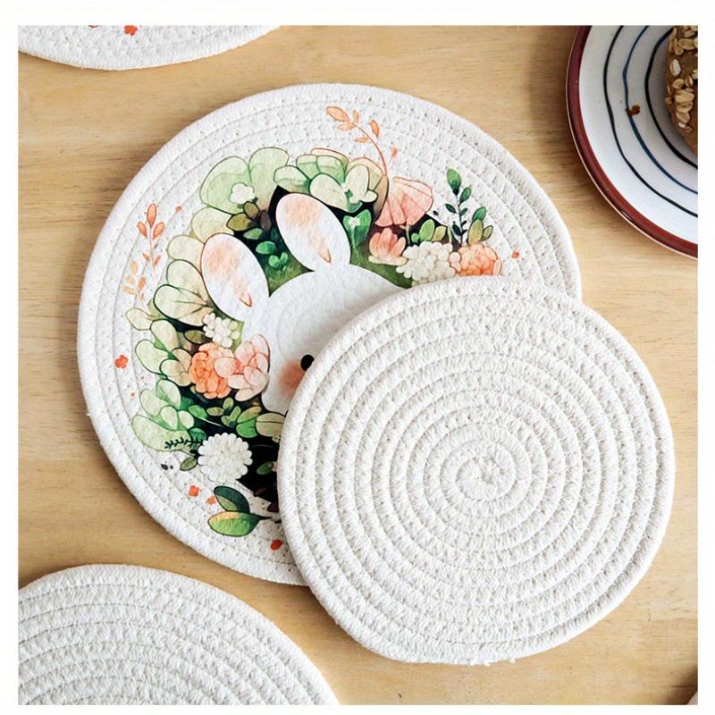 3pcs Green Rabbit Round Thermal Insulation, Kitchen Accessories,Pad Retro Home Dining Pad Thermal Insulation Pot Pad Cute Cotton Tray Pad