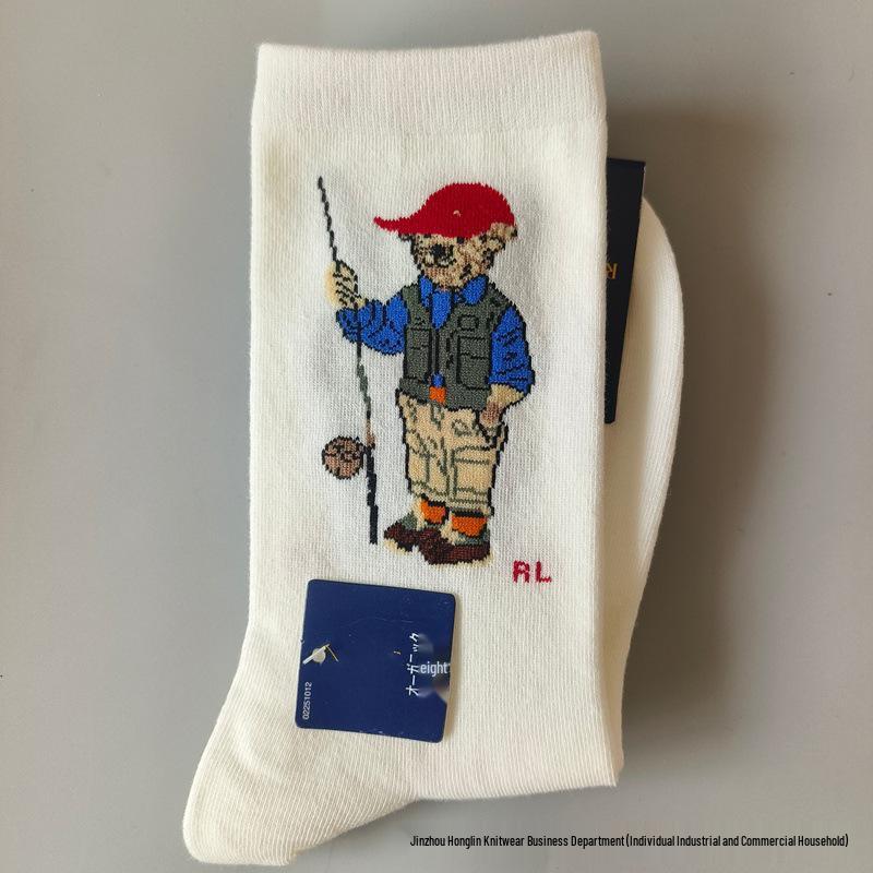 Trendy Little Bear Mid-Calf Women's Cotton Socks for Spring and Autumn