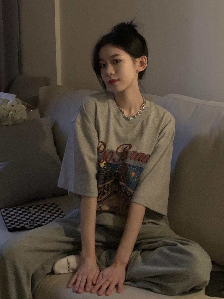 American Vintage Fashion T-shirt Women Oversize Summer Night View Pattern Short Sleeve Clothing Half Sleeves Loose Top Tide