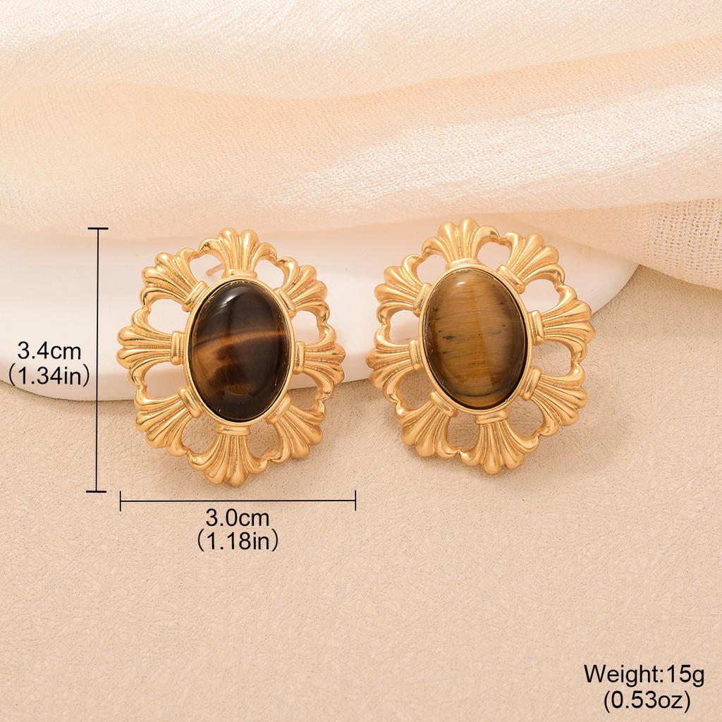 Maillard enamel color big flower stud earrings vintage copper plated medieval gold earrings tiger eye series texture earrings