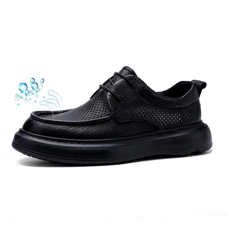 

Foreign trade men s shoes genuine leather summer hollow punching breathable casual thick-soled solid lace-up wide foot leather shoes 38
