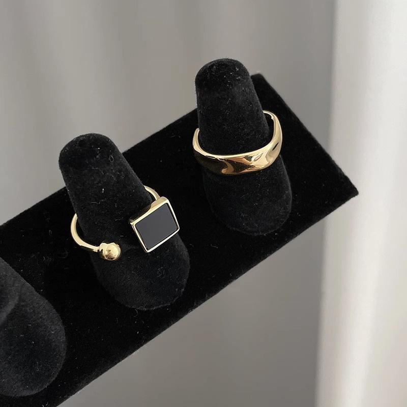 Women's Black Drip Glaze Geometric Ring, Gold Wide Edge, Adjustable Open Design, Hip Hop Style