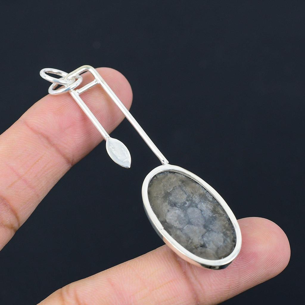 Sterling Silver Oval Natural Black Fossil Coral Wife Root Chakra Pendant Jewelry