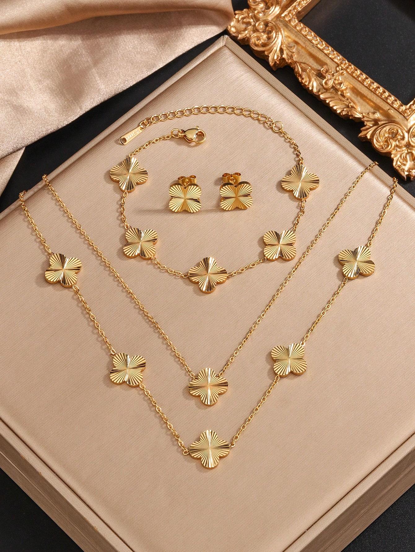 Gold Tone Four Leaf Clover Necklace Bracelet Earring Set for Women United States
