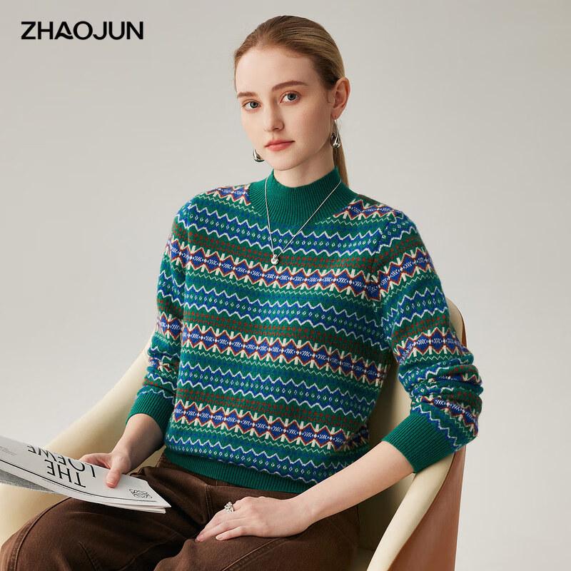 

Zhaojun Women s Fair Isle Striped Cashmere Semi-High Neck Sweater M