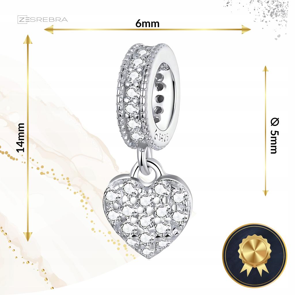 Charms Hanging Heart 925 Bead Pendant With Cubic Zirconia S925