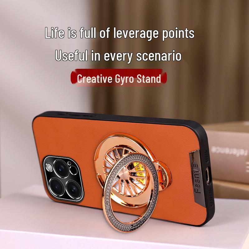 17ProMax Leather Decompression Gyro Stand Case - Drop-Proof Protective iPhone 14/15 Cover