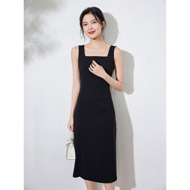 

Minimalist Black Vest Dress 2025 Summer Mid Length Long Length Sleeveless Flab Hiding Slim Looking Base Work Clothing A- line Skirt Black S