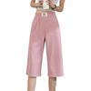 Summer Ice Silk Casual Pants Elastic Waist Pockets Cropped Pants Solid Color Wide Leg