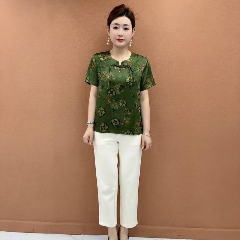 Summer 2026 Retro Chinese Style Printed T-shirt for Middle-Aged & Elderly Women - Slimming Short Sleeve Round Neck