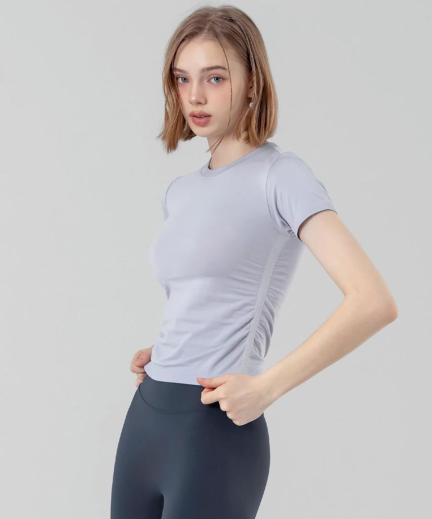 XEXYMIX Zero Slick Seamless Side Shirred Short Sleeve Lavender Grey Xfk2Ts1009