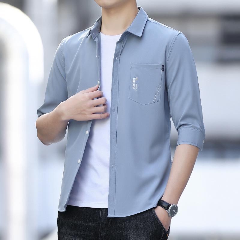 

Мужская летняя рубашка Ice Silk с рукавом пять четвертей в деловом стиле - корейский стиль M синий