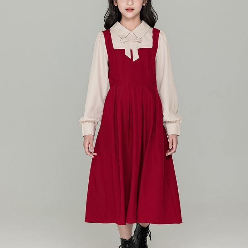 Girls' Color-blocked Faux Two-piece Long-sleeved Dress - Fall/Winter Children's Fashionable Princess Dress