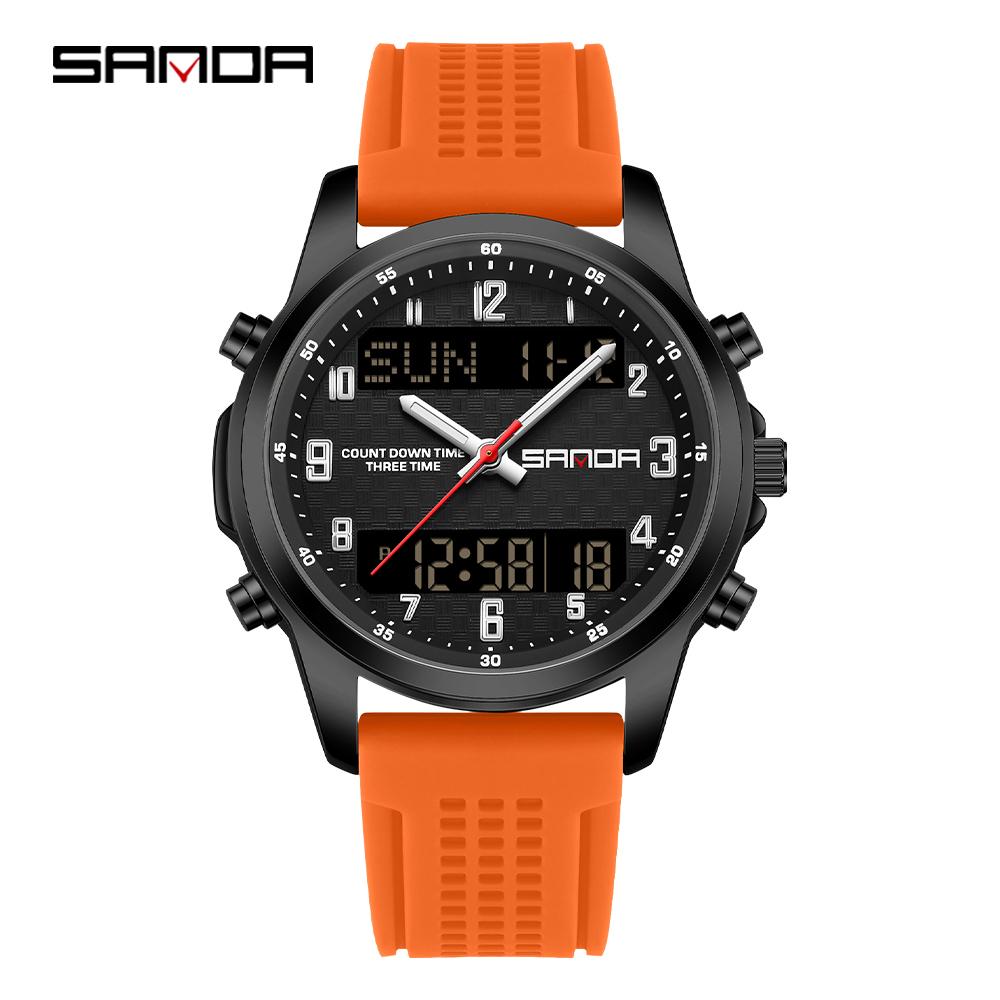 SANDA 9119 Dual Display Steel Belt Watch Men's Double Movement Multi functional Timing Night Light Alarm Clock 5ATM Waterproof-2