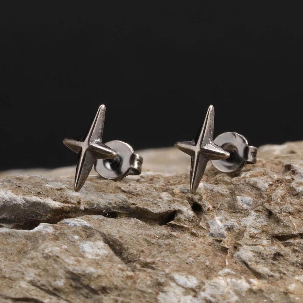 Vnox Small Cross Unisex Earrings, Four Pointed Star Mens Women Stud Earrings, Anti Allergy Stainless Steel Brincos Jewelry