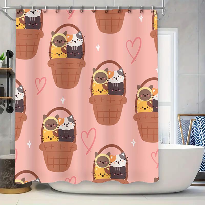

Cute Cat Puppy Pattern Shower Curtain For Bathroom Decor Pink Animal Design Waterproof Fabric W60H190(CM)-1 Pcs
