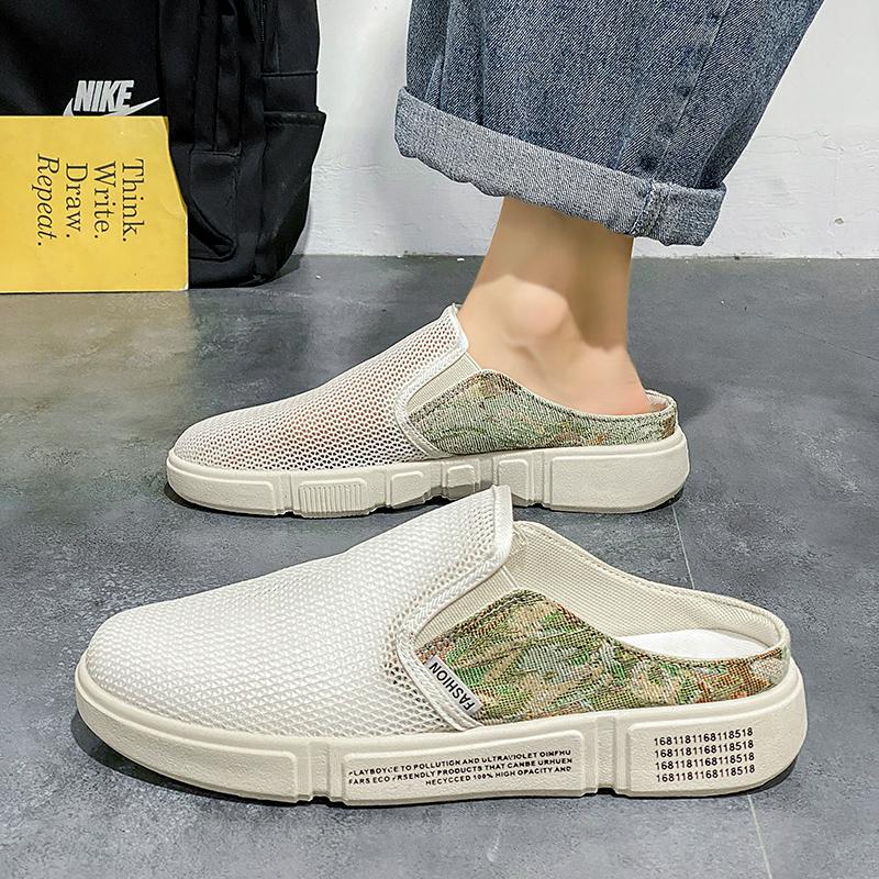 Mesh Semi-Drag Men Casual Shoes Half Shoes For Men Mules Slipper Outdoor 2025 Summer Backless Board Shoes Flats Man Slides