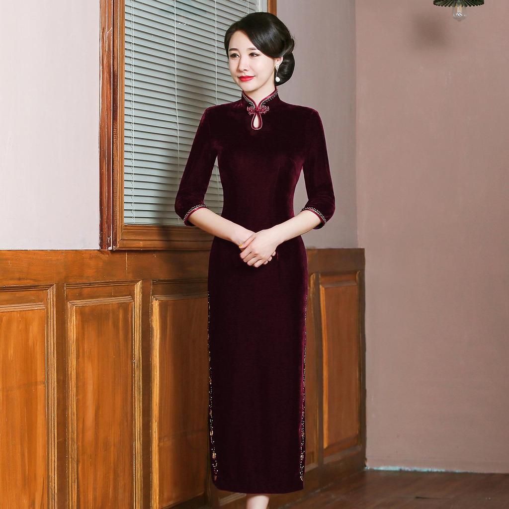 Brand Velvet Plus Size Cheongsam Evening Dress for Middle-Aged Women - Wedding & Banquet