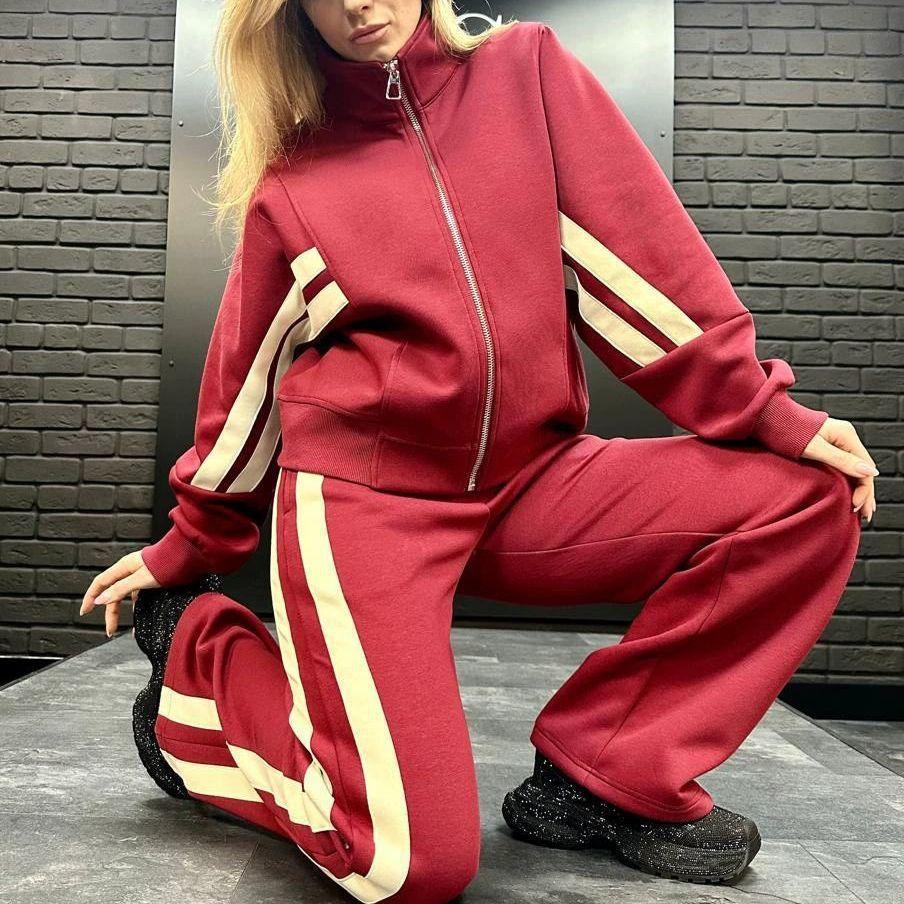 Autumn Winter Two-piece Set Women's Zipper Striped Loose Jacket Outwear and High Waist Side-striped Pants Sports Sets