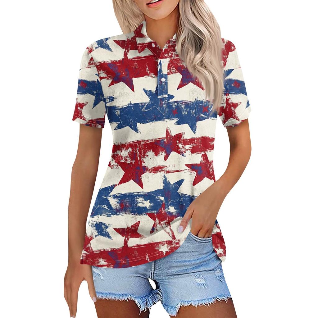 Women's Fashion Casual Lapel Short Sleeve Print Shirt Women's Button Up Tops