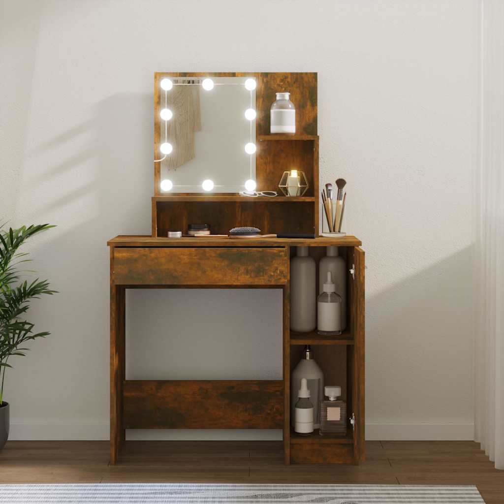 Makeup Table with LED Smoke Oak Finish 86.5 x 35 x 136 cm