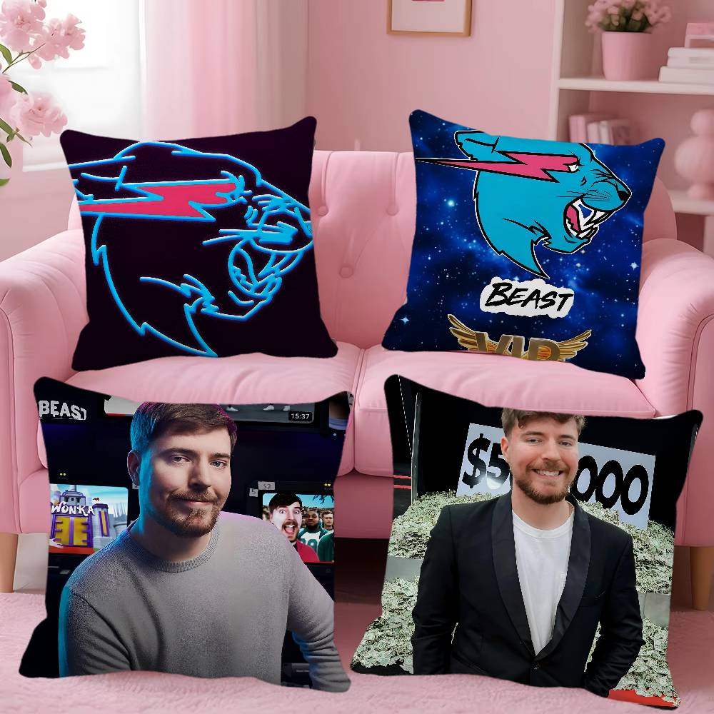 Game Blogger M-MrBeast Vintage Pillow Case Square Pillow Bedroom Sofa Leisure Comfort Cushion Car Home Decoration