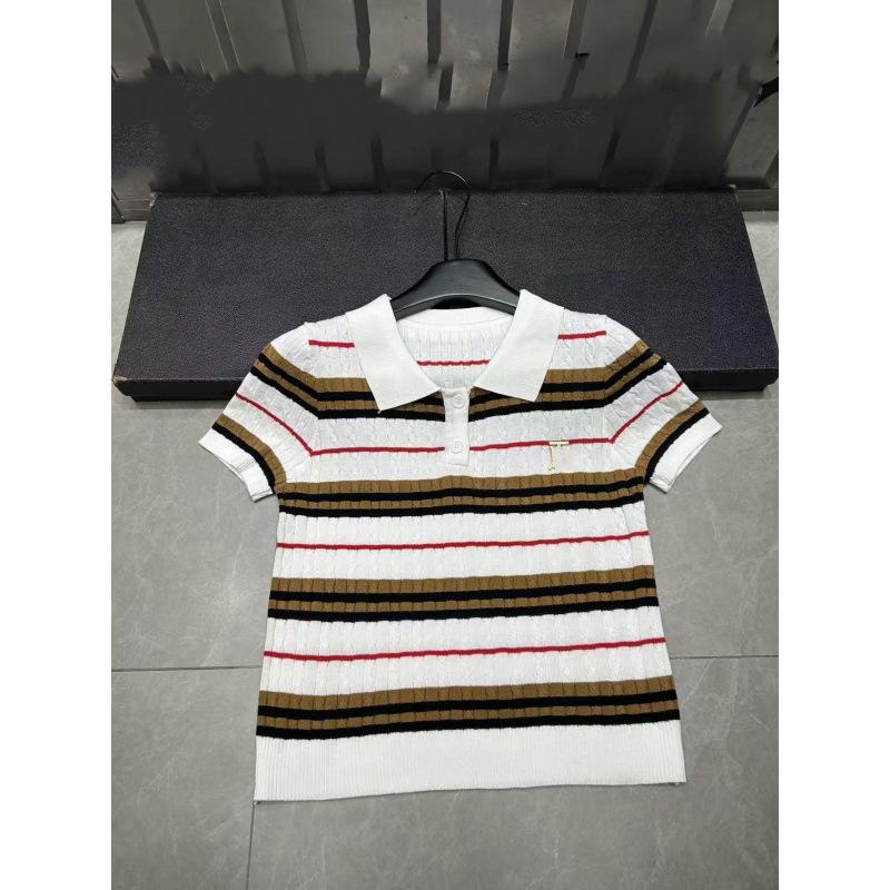 European Striped Knit Lapel Top - Spring Collection, Short Sleeve, Casual and Versatile.
