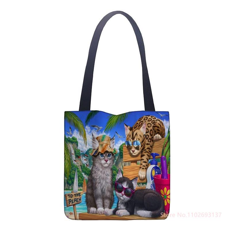 Pintura al Óleo Gato Bolsa de Compras Ecológica Reutilizable Bolso Tote Femenino Bolso de Mano para la Universidad Bolsos de Hombro Grandes para Mujer Retro