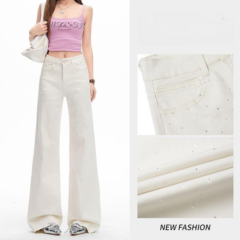 Spring Full Star Rhinestone Non Cling High Waist Floor Micro Flare Shiny Denim Pants For Ladies Casual Pants Oversize Denim Trousers