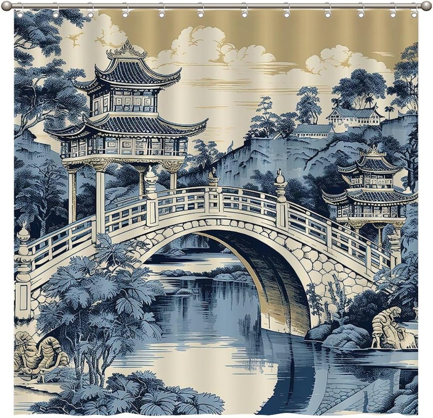 

Aqua Teal Blue Азиатский Живописный Душевая Занавеска Восточная Древняя Пагода Китайский Сад Ванная Занавеска Для Ванной В Стиле Шинуазри W120xH180cm