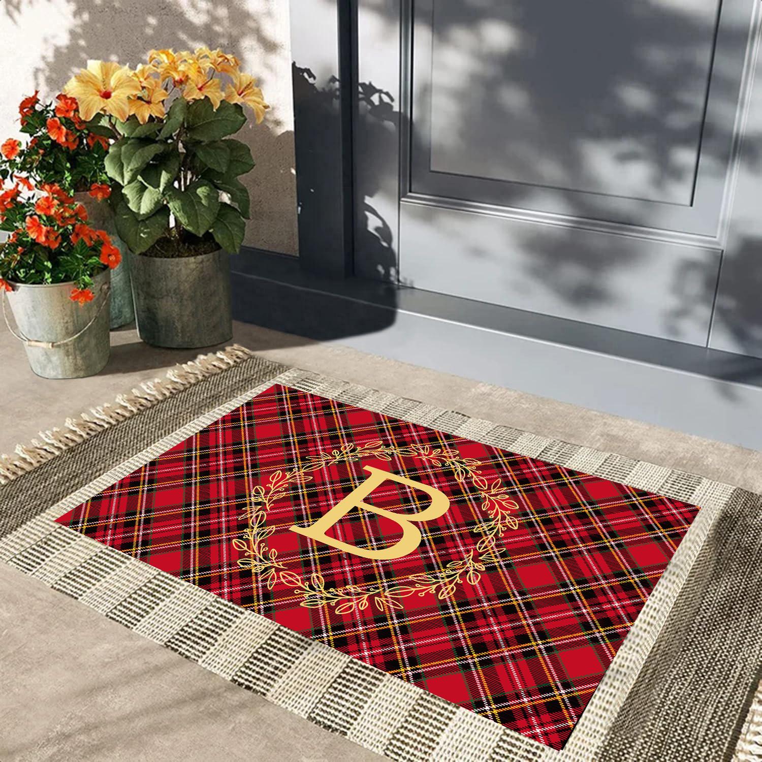 Kerst Tartan Deurmat Gepersonaliseerde Familienaam Initiaal Bladkrans Entree Deurmat Rubberen Achterkant Antislip Tapijt 90cmx60cm
