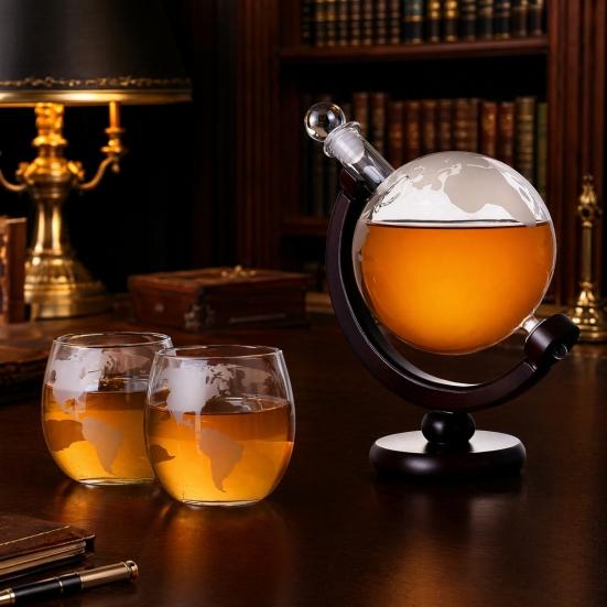 Welt Erde Karaffe Set, 850ml Schiff Whiskey Karaffe mit 2 Gläsern, Holzständer Rotierender Weinspender, Geschenk für Männer Papa