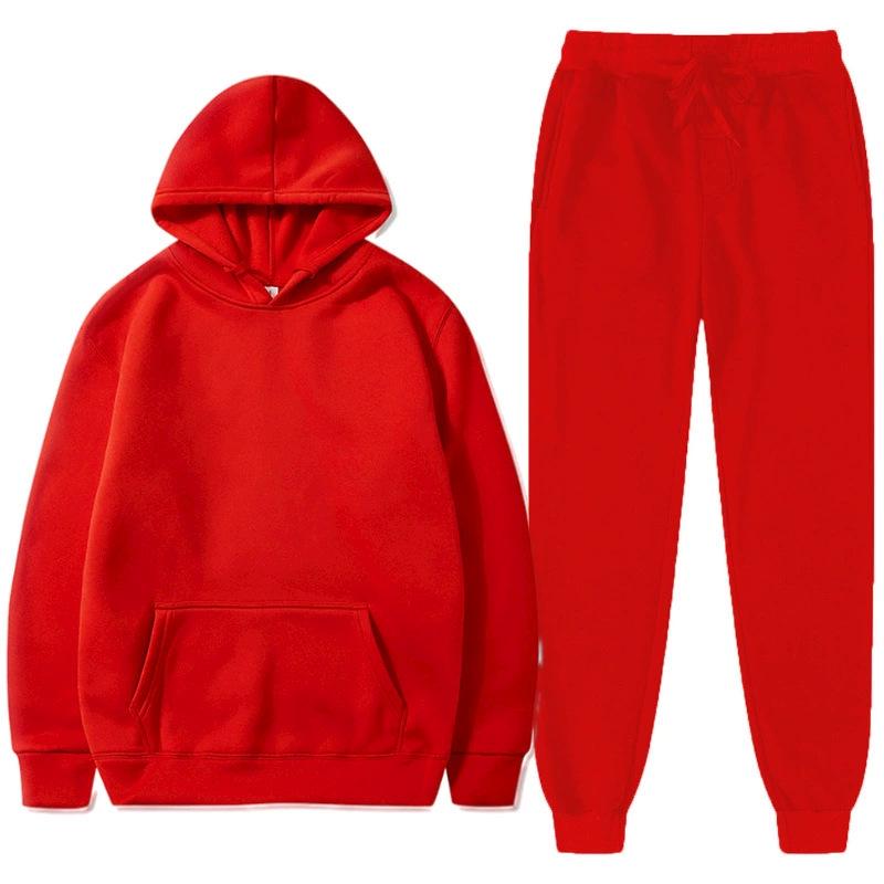Men's Solid Color Pullover Hoodie Sports Set - Two-Piece Plus Velvet Warm Tracksuit