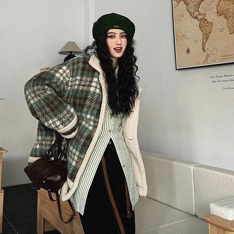 

Ретро Маленький Стиль Пальто из Овечьей Шерсти для Женщин Осень и Зима Новый Стиль Свободное Пальто из Шерсти с Меховым Воротником для Женщин 2XL зелёный